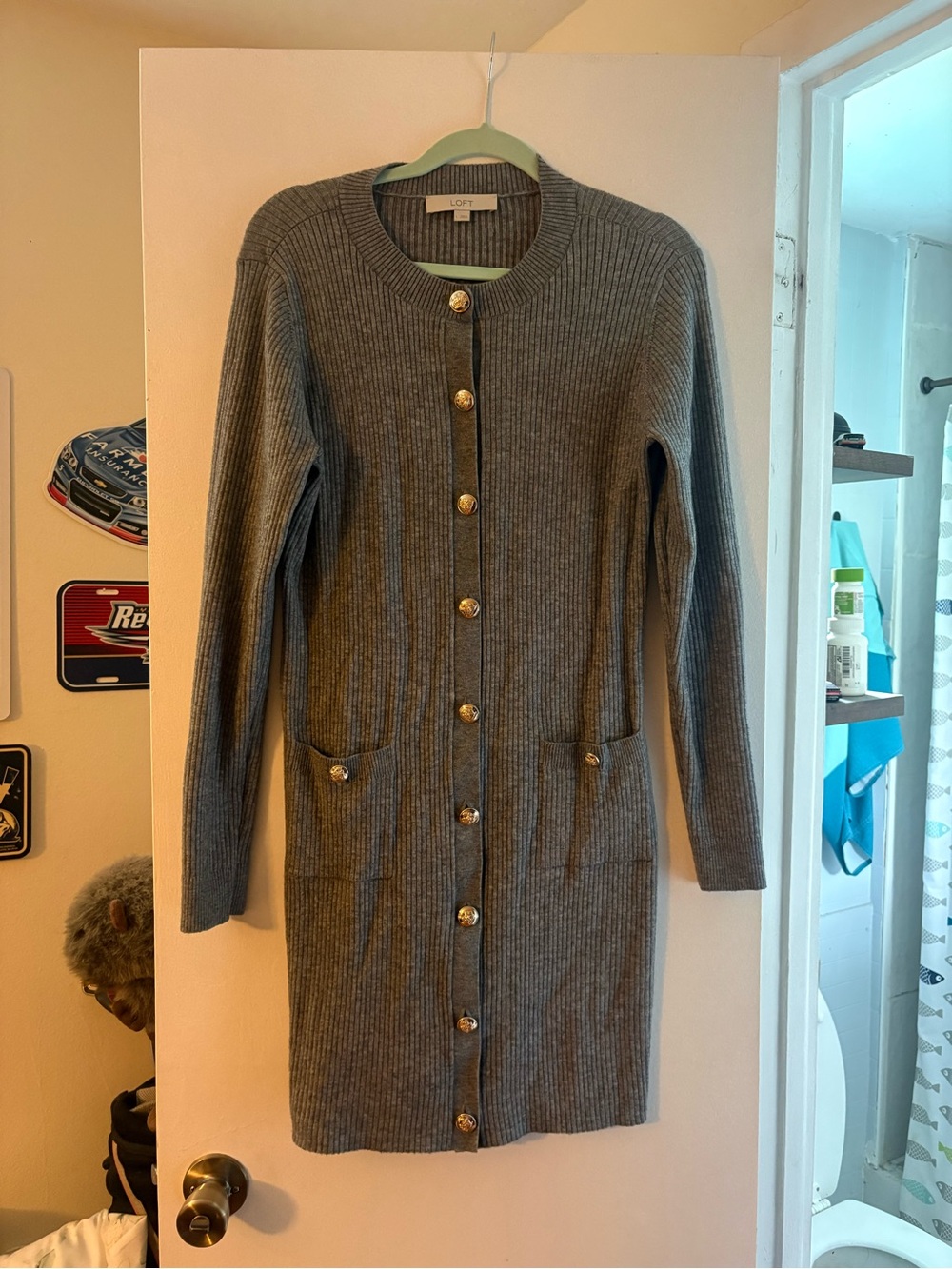 LOFT Gray Long Ribbed Button-Front Cardigan Dress